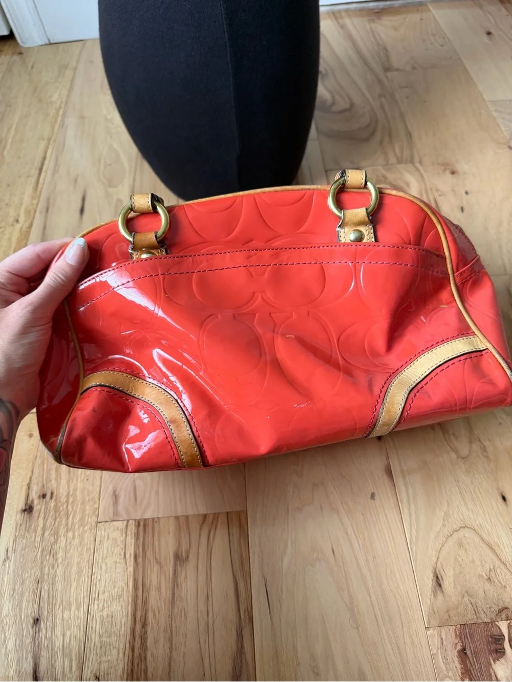 Coach Coral Patent Leather Shoulder Satchel with Tan Trim